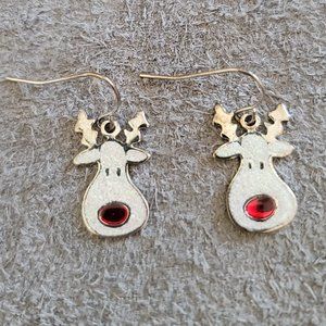 Dangle Silver Tone Reindeer Hook Style Earrings - Christmas Holidays Cute
